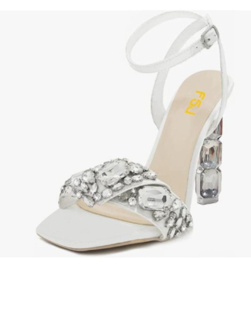 FSJ White Colored Diamond Heel Square Open Toe Ankle Strap Special Jewel Sandals